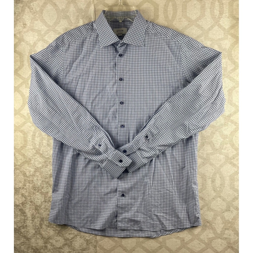 Eton Contemporary Fit Mens XL Blue Check Cotton Long Sleeve Dress Shirt